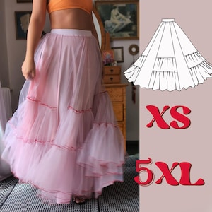 PDF Unterrock Schnittmuster, Schnittmuster für einen LANGEN Abendrock für Anfänger, Mädchen Tüllrock, Tüll Unterrock Schnittmuster, Rüschenrock XS-5XL Petticoat