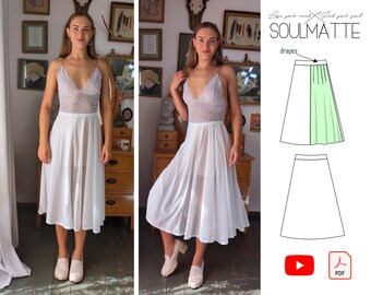 May include: A white sheer skirt with a lace bodice. The skirt is knee-length and has a flowing silhouette. The model is wearing the skirt with a white lace top and white shoes. The image also includes a diagram of the skirt pattern.