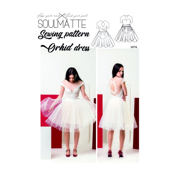 Short heart neckline dress sewing pattern, Tulle dress pattern, Evening dress pattern. PDF instant download, skirt and bodysuit sewing tips