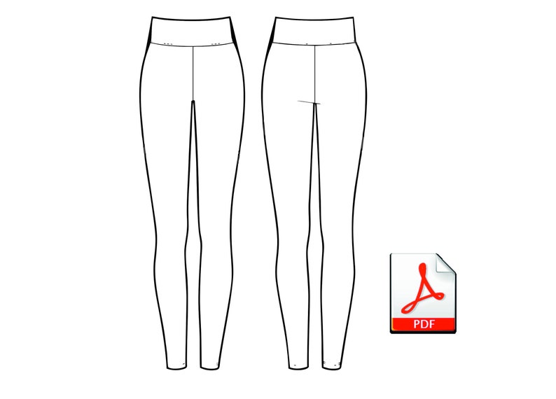 May include: Line drawing of a pair of pants with a high waist and a slim fit. The pants are shown from the front and back. The image includes the text "PDF" in a red box.