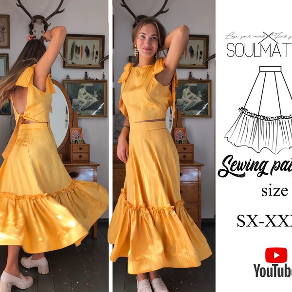 PDF sewing skirt pattern with video tutorial, gore evening skirt pattern for beginners. Ruffle skirt, bellow the knee skirt, maxi skirt