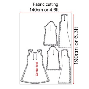 May include: A black and white line drawing of a dress pattern with instructions for cutting fabric. The fabric should be 140cm or 4.6ft wide and 190cm or 6.3ft long. The pattern includes a center fold line.