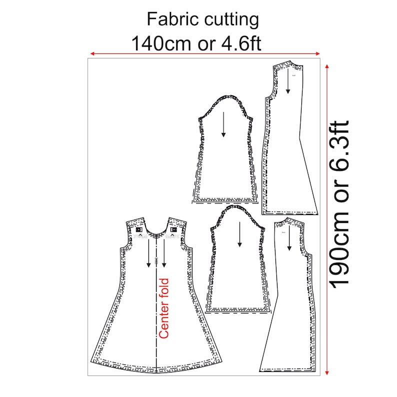 May include: A black and white line drawing of a dress pattern with instructions for cutting fabric. The fabric should be 140cm or 4.6ft wide and 190cm or 6.3ft long. The pattern includes a center fold line.