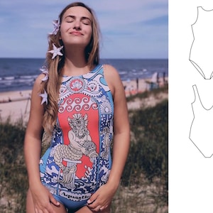 Modest neckline swimsuit with low cut back. One-piece swimwear sewing pattern sizes XS-L