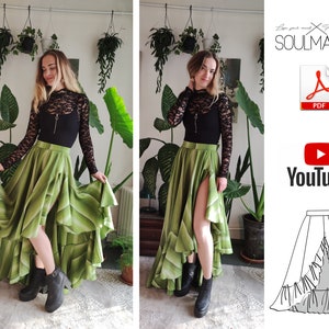 PDF sewing skirt pattern with video tutorial, wide gore evening skirt pattern for beginners. Ruffle skirt with split, size XS-5XL