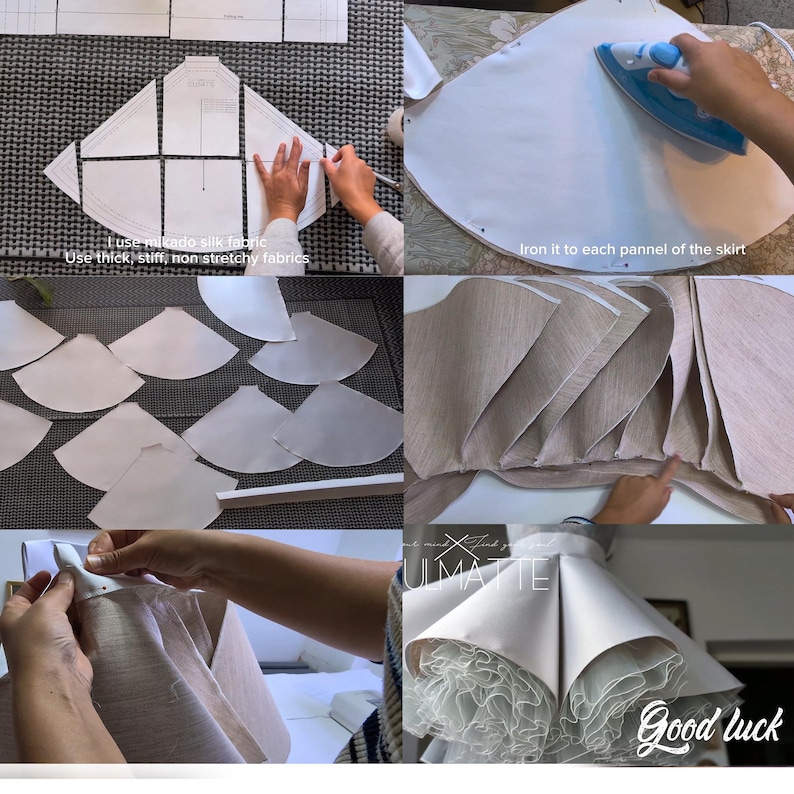 May include: A step-by-step guide on how to make a skirt with multiple layers of fabric. The image shows the process of cutting, ironing, and sewing the fabric. The final product is a white skirt with multiple layers of fabric.