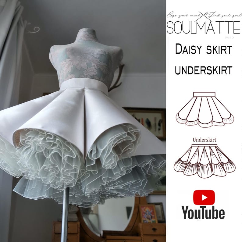 May include: A white daisy skirt with a layered tulle underskirt. The skirt is on a dress form and the image includes a diagram of the underskirt and a YouTube logo.