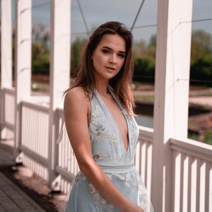 May include: A light blue sleeveless dress featuring a deep V-neckline, a halter-style bodice, and a flowing skirt. The garment is adorned with intricate white floral embroidery and delicate bird motifs, layered with a sheer tulle overlay.