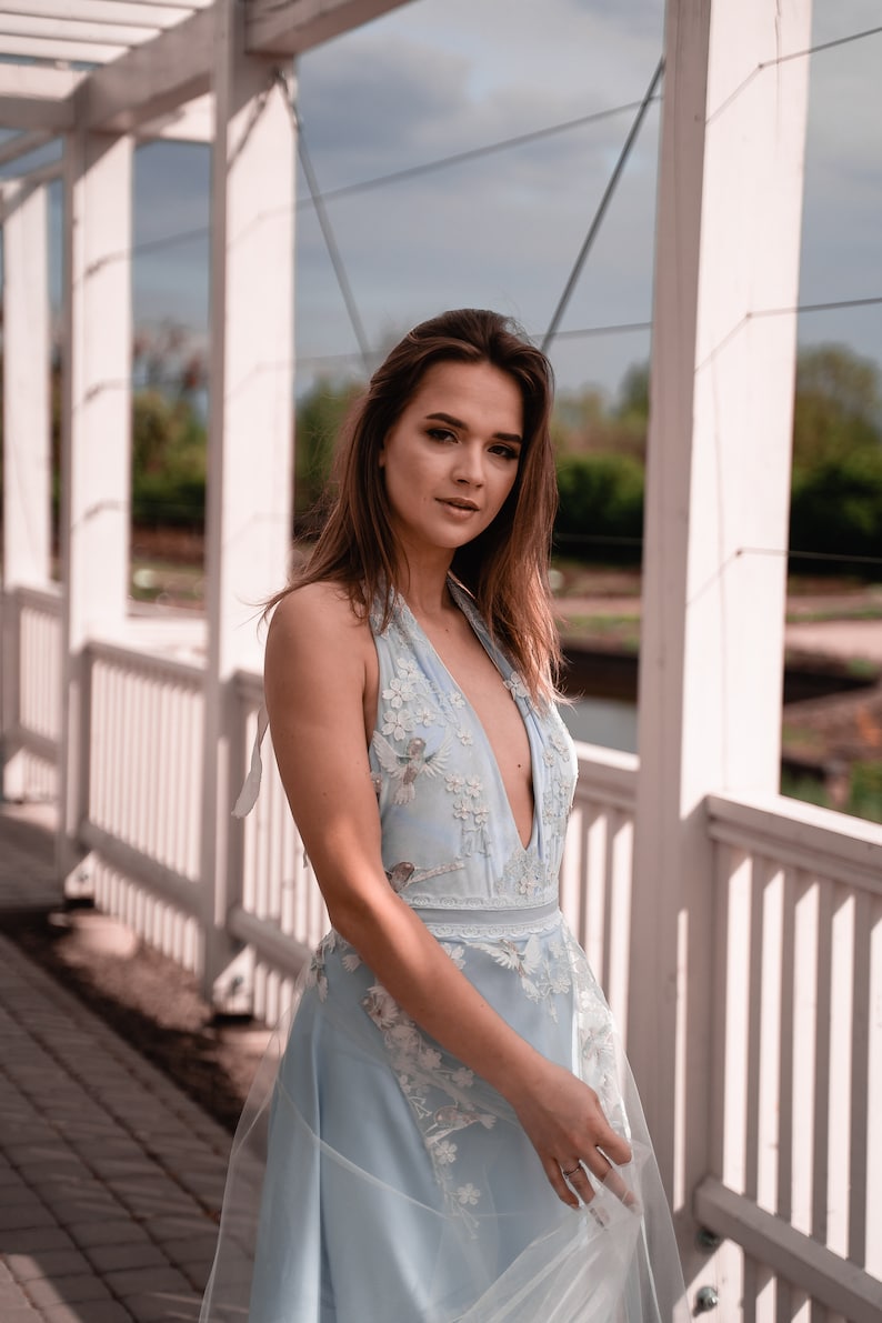 May include: A light blue sleeveless dress featuring a deep V-neckline, a halter-style bodice, and a flowing skirt. The garment is adorned with intricate white floral embroidery and delicate bird motifs, layered with a sheer tulle overlay.