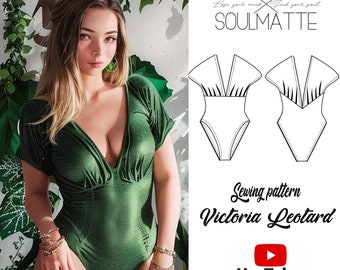 PDF bodysuit sewing pattern for lycra fabrics.  leotard with deep V neckline and open back, Fitted girl top sewing pattern, video tutorial