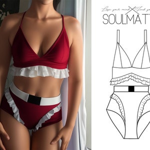 Sewing pattern PDF, woman's underwear,  bralette and panties lingerie, two piece swimwear, Christmas Underwear
