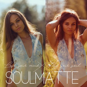 May include: A light blue halter-neck bodysuit featuring white floral embroidery and bird motifs. The garment displays the text "Lose your mind. Find your soul." and the word "SOULMATTE" in white lettering across the lower section.
