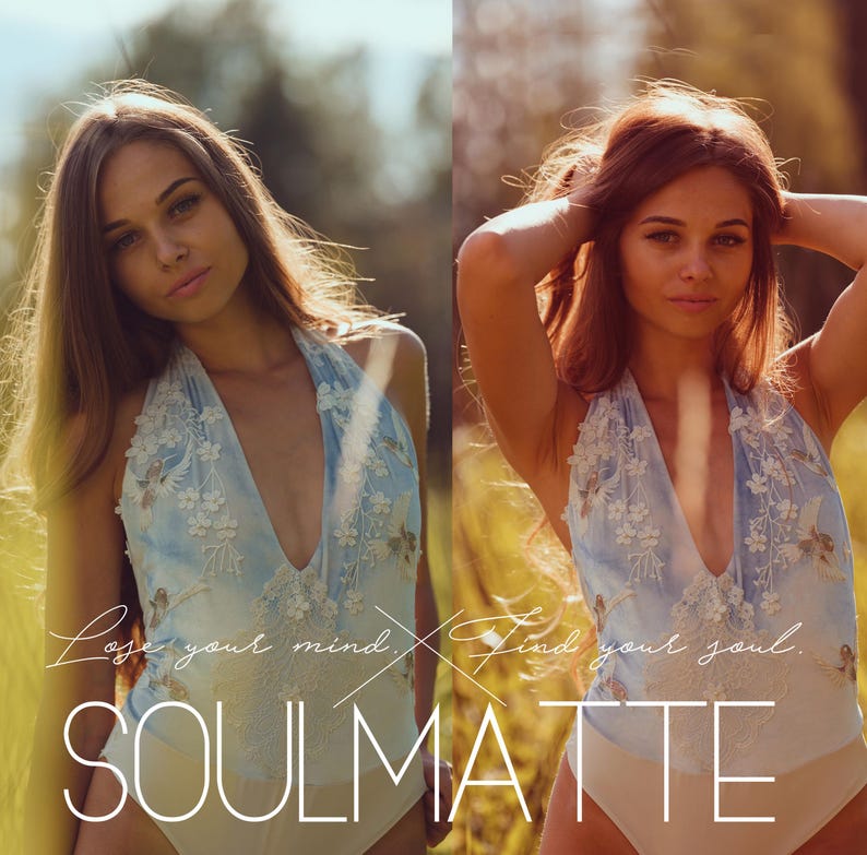 May include: A light blue halter-neck bodysuit featuring white floral embroidery and bird motifs. The garment displays the text "Lose your mind. Find your soul." and the word "SOULMATTE" in white lettering across the lower section.