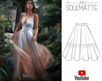 Long sun skirt sewing pattern with wide tulle ruffles on the bottom. Bohemian look sewing pattern for evening skirt. Youtube video tutorial