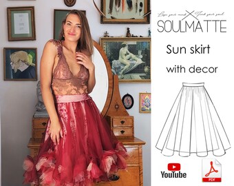 Sun skirt pattern, wide evening skirt for beginners, Knee lenght skirt, Evening skirt pattern. Ruffle skirt. Video tutorial lessons and PDF