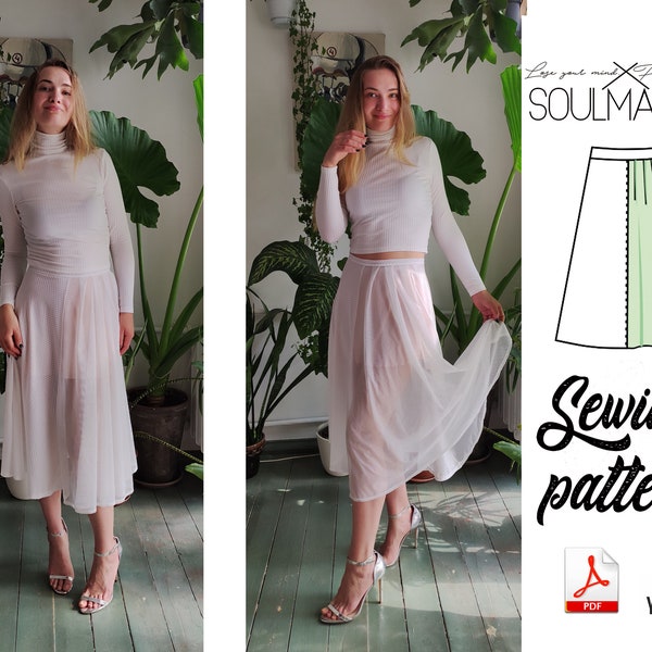 PDF sewing skirt pattern, wide evening skirt pattern for beginners, evening skirt pattern. ruffle gored skirt, split with ruffles and drapes