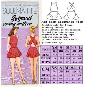 Może przedstawiać: Ilustracja w stylu vintage przedstawiająca wykrojnik na czerwony kostium kąpielowy, oznaczony jako "SOULMATTE". Obraz zawiera schematy, tabele rozmiar&oacute;w w calach i centymetrach oraz instrukcje drukowania i montażu. Wz&oacute;r ma top w stylu halter i sp&oacute;dnicę.