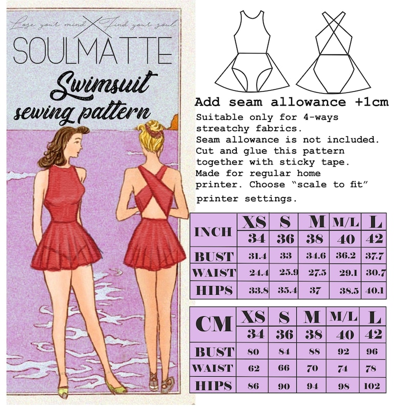 Może przedstawiać: Ilustracja w stylu vintage przedstawiająca wykrojnik na czerwony kostium kąpielowy, oznaczony jako "SOULMATTE". Obraz zawiera schematy, tabele rozmiar&oacute;w w calach i centymetrach oraz instrukcje drukowania i montażu. Wz&oacute;r ma top w stylu halter i sp&oacute;dnicę.