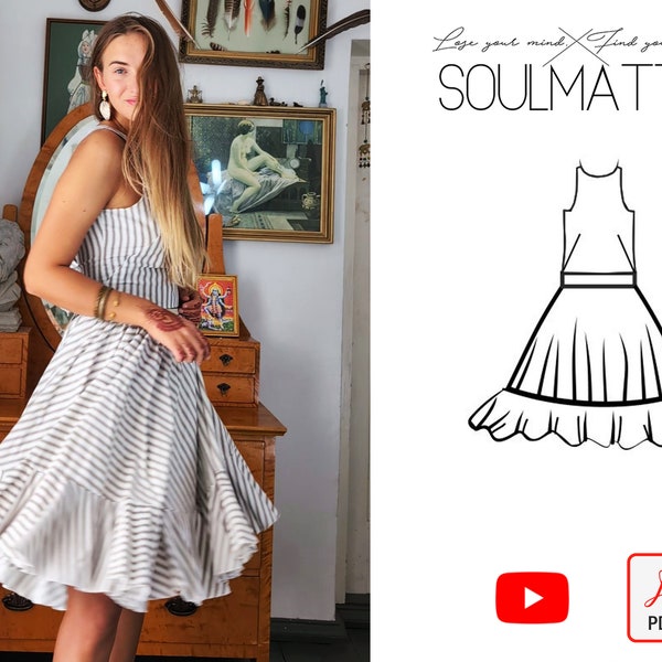 Digital sewing pattern for short flowy dress with thin straps and open back. Tied back. Combo - top and skirt. Large drapes on the bottom