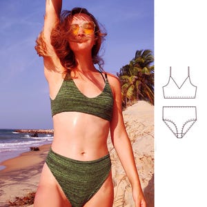 May include: A green bikini set with a textured pattern. The bikini top has a V-neck design and thin straps. The high-waisted bottoms complete the two-piece swimsuit. The image is taken on a beach with a blue sky and palm trees in the background.