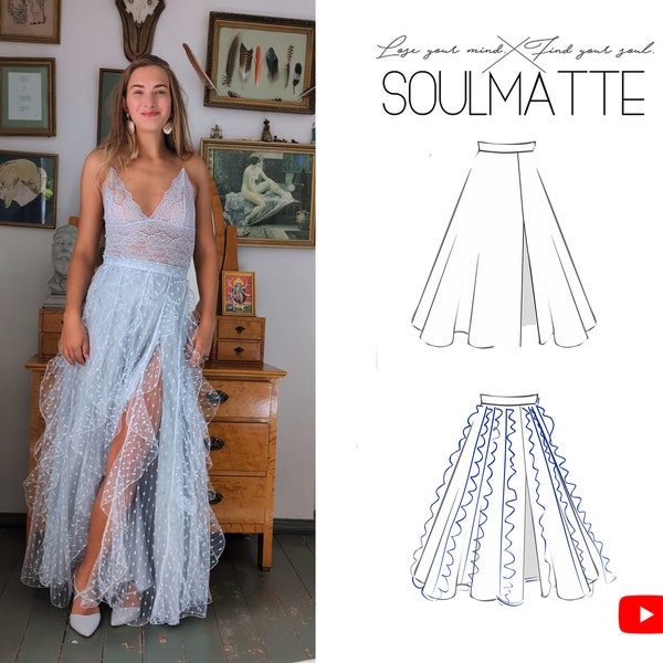 Long gore skirt with ruffles, sewing pattern for tulle skirt with video tutorial