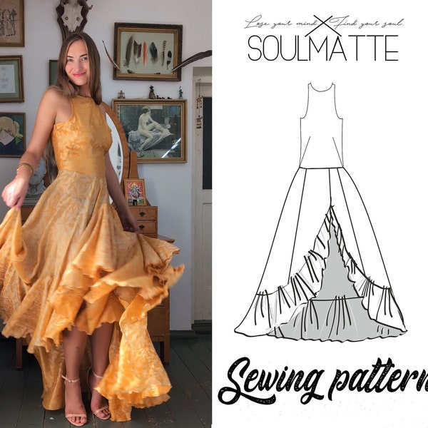 Sewing pattern for long flowy dress with thin straps and open back. Asymetric split. Large drapes on the bottom