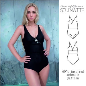 Vintage inspired 60&#39;s fashion swimsuit pattern. One piece swimsuit with crossed front and accentuated waist line. Modest cut bottom
