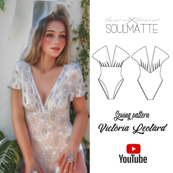 Sexy bodysuit sewing pattern for lycra fabrics. Leotard pattern with deep V neckline and open back, Ruffle - draped chest bodysuit pattern