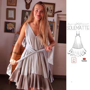 May include: A woman wearing a light blue and brown tiered dress with a knotted tie at the waist. The dress is a DIY project with a downloadable PDF pattern and a YouTube tutorial. The text on the pattern says "Lose your mind, find your soul, SOULMATTE."