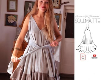 Maxi-Rüschen-Sonnenkleid Nähen, V-Ausschnitt, kurzes Kleid (PDF Nähanleitung