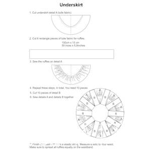 May include: Diagram showing how to sew a tulle underskirt. The diagram shows how to cut and sew the tulle fabric into a circle shape. The instructions include cutting 6 rectangle pieces of tulle fabric for ruffles, 150cm x 15 cm or 59 inches x 5.9 inches.