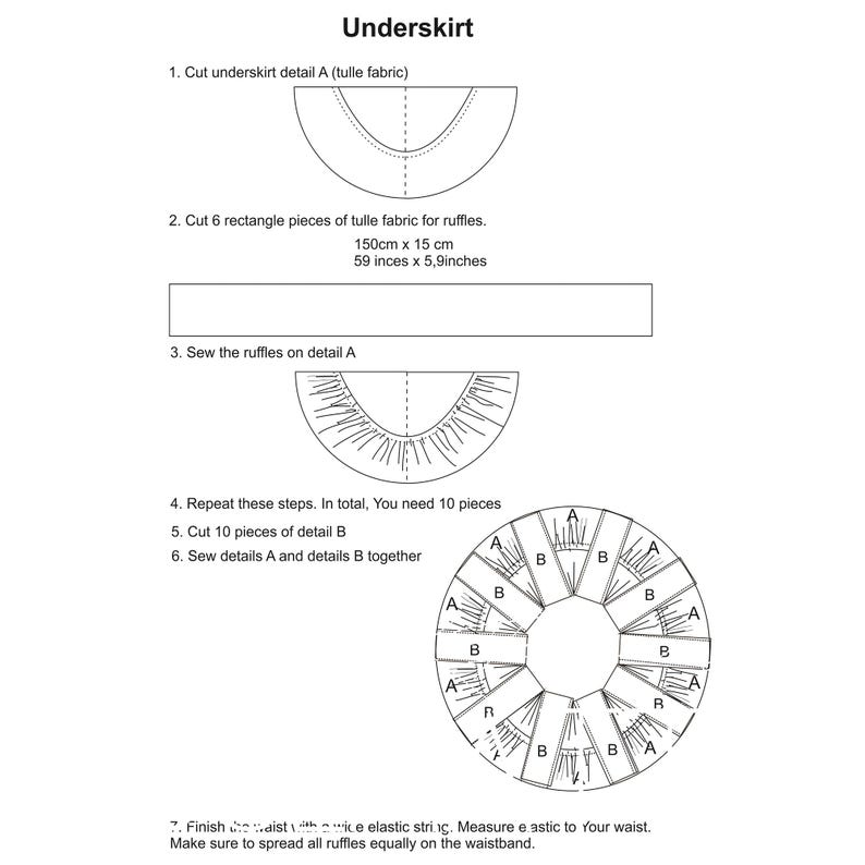 May include: Diagram showing how to sew a tulle underskirt. The diagram shows how to cut and sew the tulle fabric into a circle shape. The instructions include cutting 6 rectangle pieces of tulle fabric for ruffles, 150cm x 15 cm or 59 inches x 5.9 inches.