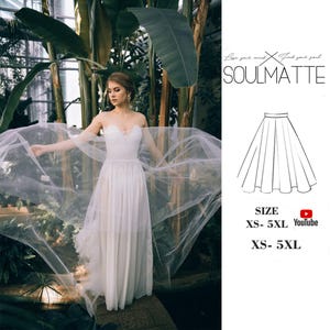 Bridal skirt sewing pattern. Basic sun skirt turorial with printable pattern for sizes XS-5XL. Clasic A line gown pattern.