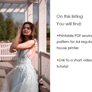 May include: A light blue sleeveless dress with white floral lace detailing and a deep neckline. The text reads: On this listing You will find: Printable PDF sewing pattern for A4 regular house printer, Link to a short video tutorial.