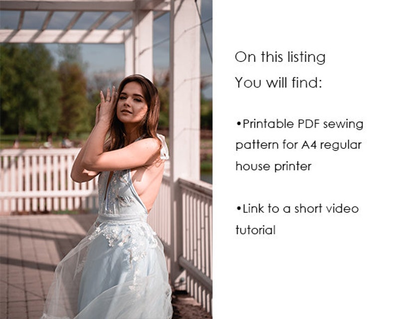May include: A light blue sleeveless dress with white floral lace detailing and a deep neckline. The text reads: On this listing You will find: Printable PDF sewing pattern for A4 regular house printer, Link to a short video tutorial.