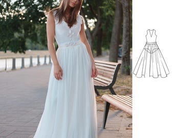 Tulle Dress Sewing Pattern: Fitted top & Chiffon Skirt (Sizes 36-42) (PDF Pattern)