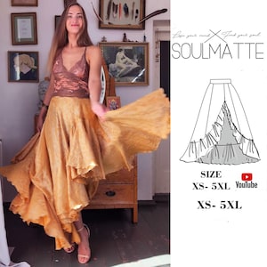 Patron de jupe à coudre PDF, taille XS-5XL, patron de jupe de danseuse de flamenco, jupe à godets à volants, jupe longue latino avec fente, volants et rideaux