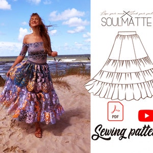 PDF sewing skirt pattern with video tutorial, wide gore evening skirt pattern for beginners. Ruffle skirt, knee length, size XS-4XL