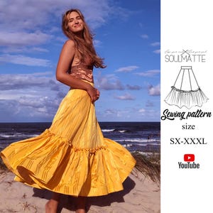 Cyfrowy wzór spódnicy z samouczkiem wideo, wzór wieczorowej spódnicy z klinem dla początkujących. Spódnica z falbanką, spódnica za kolano, spódnica maxi.
