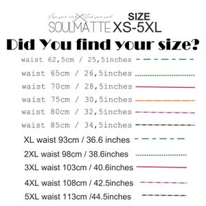 May include: A size chart for clothing with measurements in inches and centimeters. The chart shows waist measurements for sizes XS to 5XL.