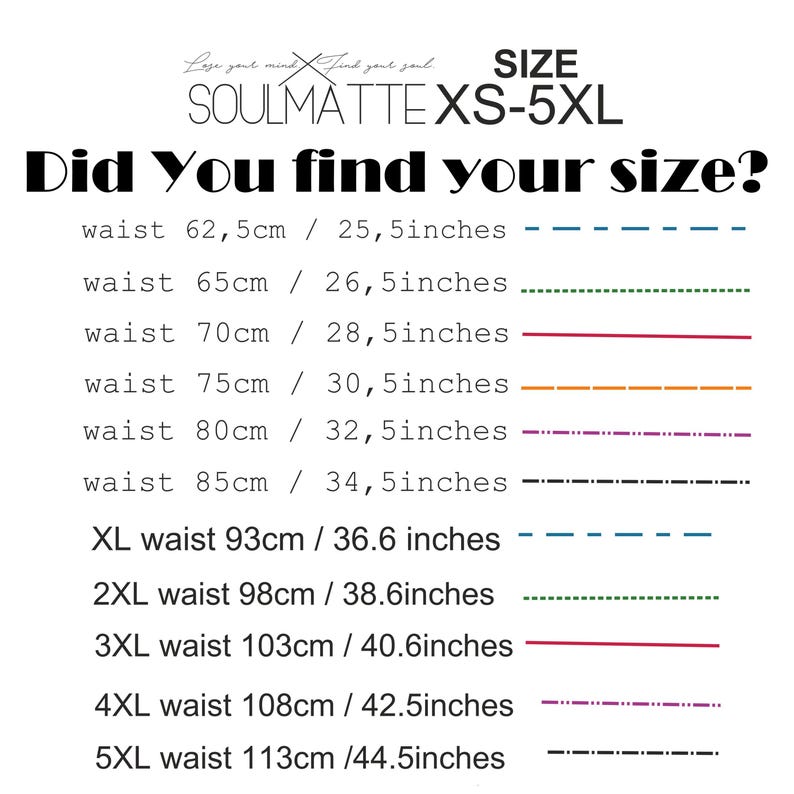 May include: A size chart for clothing with measurements in inches and centimeters. The chart shows waist measurements for sizes XS to 5XL.