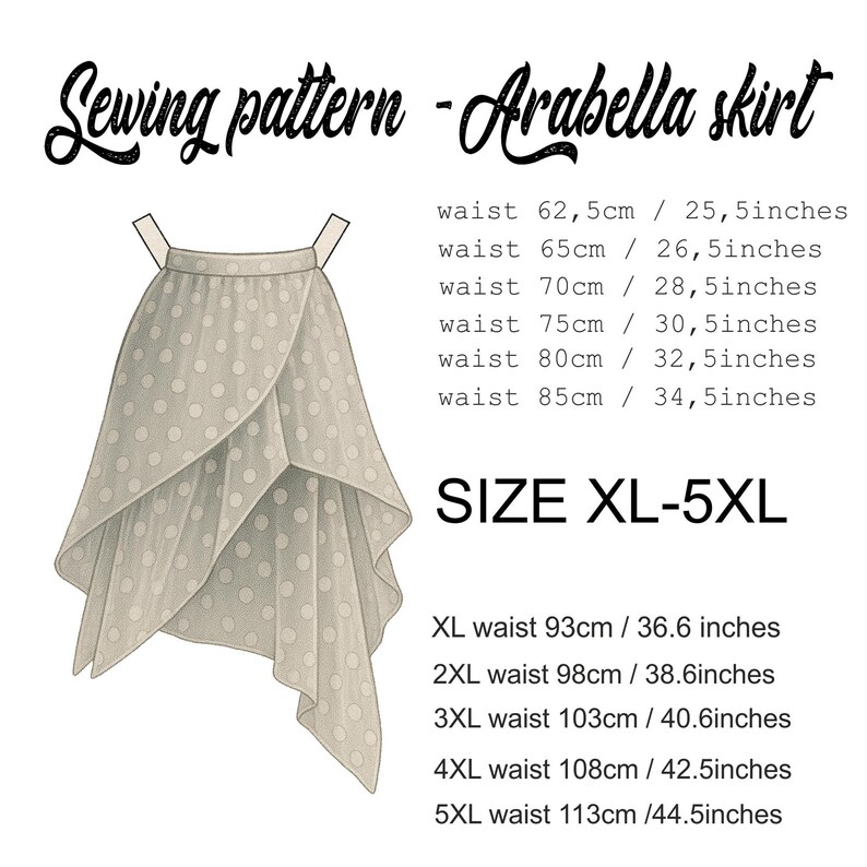 K&ouml;nnte beinhalten: Ein Schnittmuster f&uuml;r einen Arabella-Rock mit einem Tupfenmuster. Das Schnittmuster umfasst die Gr&ouml;&szlig;en XL-5XL mit Taillenumfang in Zoll und Zentimetern.