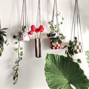 Può includere: Cinque vasi sospesi con diverse piante e fiori. I vasi sono realizzati con diversi materiali, tra cui ceramica, tessuto e materiali intrecciati. I vasi sono appesi al soffitto con lo spago.