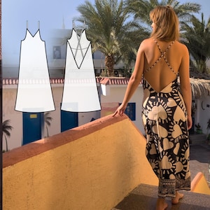 Long Maxi Dress Sewing Pattern: Flowy DIY design spaghetti straps, open back, asymmetric split, floor length, Beginner-friendly PDF + video