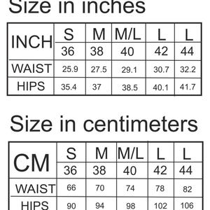 May include: A black and white sizing chart displaying measurements in inches and centimeters for sizes S, M, M/L, L, and L. The table lists waist and hip dimensions corresponding to each size, with headers labeled Size in inches and Size in centimeters.