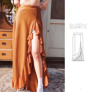 Long dancer skirt sewing pattern. Fitted design, long split in front, big drapes decor on the bottom, salsa, latino, tango sewing pattern