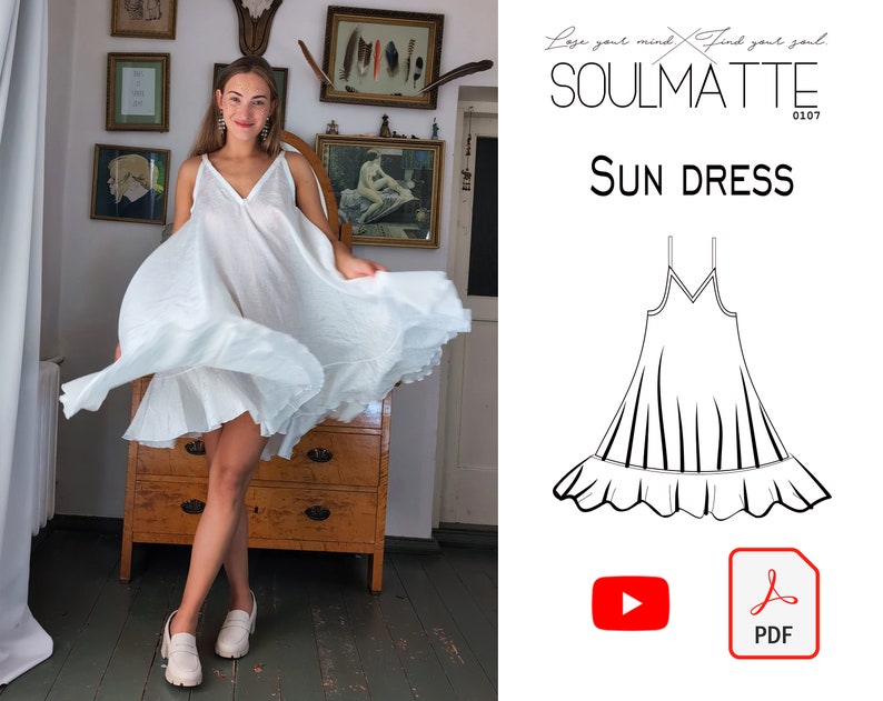 May include: A woman wearing a white sun dress with spaghetti straps and a V-neck. The dress has a flowing skirt and a ruffled hem. The image also includes the text "SOULMATTE" and "SUN DRESS".