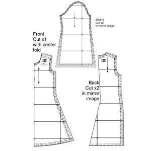 May include: A sewing pattern for a dress with a front, back, and sleeve pieces. The pattern includes instructions for cutting and sewing the pieces together. The pattern is for a dress with a center fold.