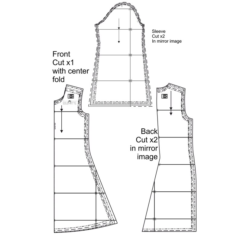May include: A sewing pattern for a dress with a front, back, and sleeve pieces. The pattern includes instructions for cutting and sewing the pieces together. The pattern is for a dress with a center fold.