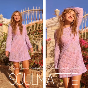 May include: A woman wearing a light purple, lacy, long-sleeved dress with a geometric pattern. The dress has a loose fit and falls to just above the knees. The woman is standing in front of a white gate with a pink flower bush behind her. The text "Lose your mind, find your soul" is written on the image.
